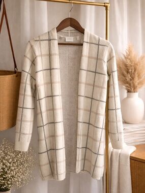 Cozy Windowpane Open Cardigan Sweater - Cream